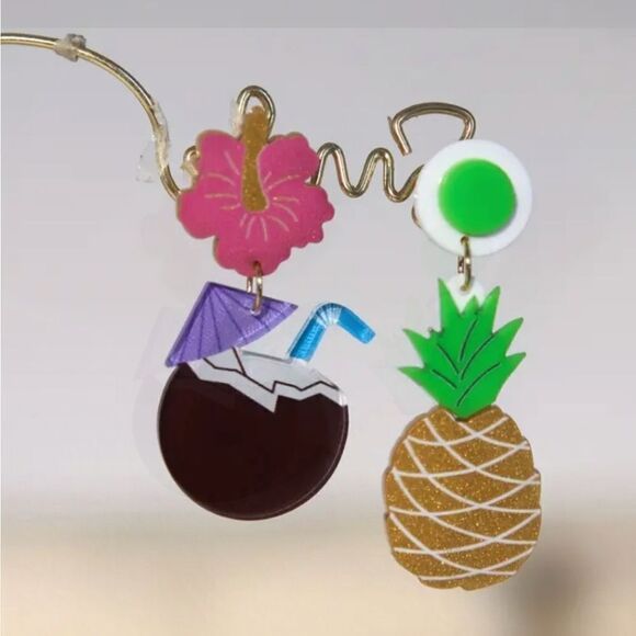 14k PINEAPPLE PINA COLADA coconut hibiscus cute fun dangle earrings - Picture 1 of 6